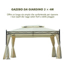 Gazebo da Giardino 3x4m in Acciaio Teli Laterali e Doppio Tetto Crema 
