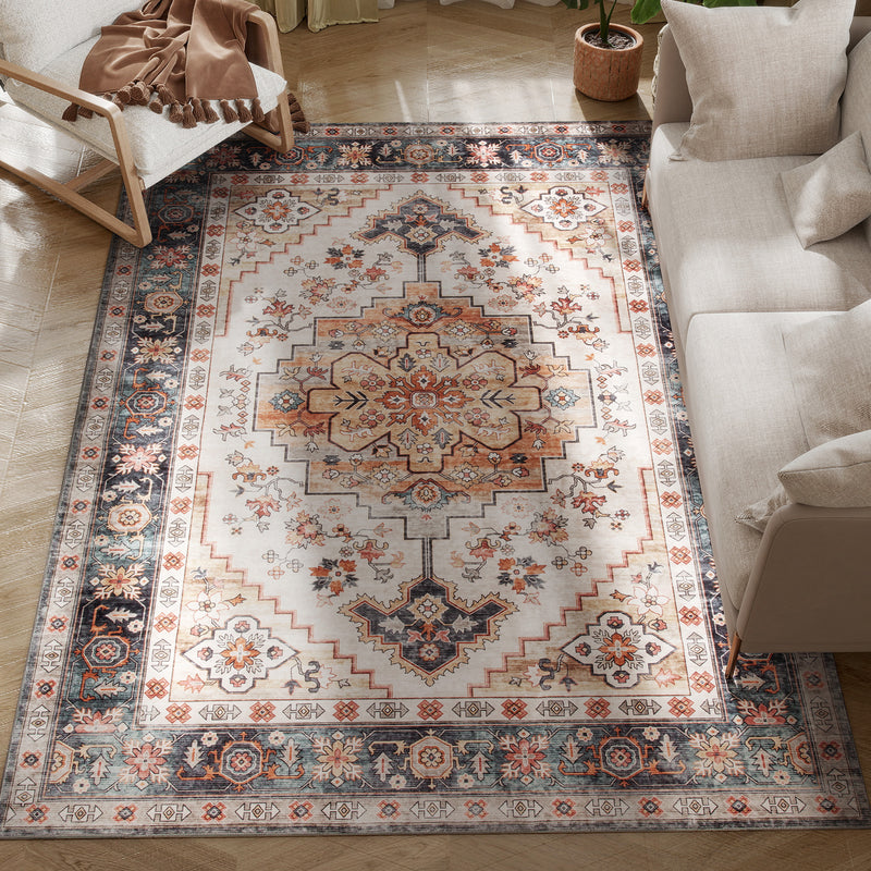 Tappeto Bohemien Antiscivolo e Lavabile 230x160 cm a Pelo Corto in Effetto Cashmere Marrone  