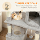 Albero Tiragraffi per Gatti 60x40x170 cm con 2 Casette Amaca Tunnel e Lettino Pali in Sisal Grigio      