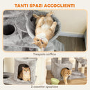 Albero Tiragraffi per Gatti 60x40x170 cm con 2 Casette Amaca Tunnel e Lettino Pali in Sisal Grigio      