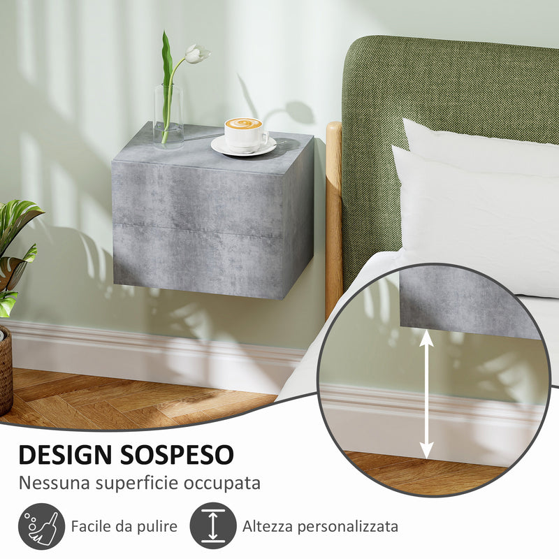 Set di 2 Comodini Sospesi Design Moderno 40x29x30 cm con 2 Cassetti Grigio Cemento 