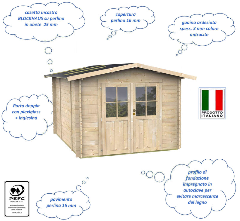 Casetta Box da Giardino per Attrezzi 250x250 cm con Porta Doppia Finestrata in Legno Naturale