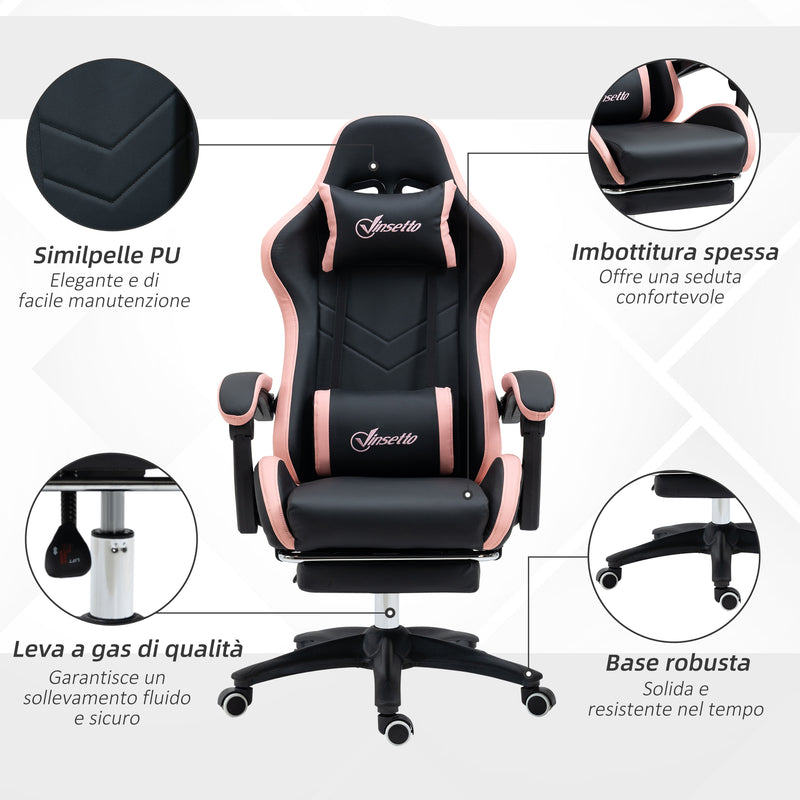 Sedia da Gaming Ergonomica 65x65x121-129 cm in Similpelle Rosa e Nero
