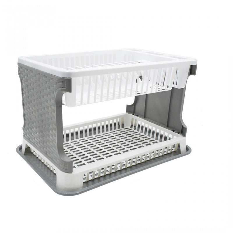 Scolapiatti da Appoggio in Plastica 2 Livelli in Rattan per Lavello Cucina