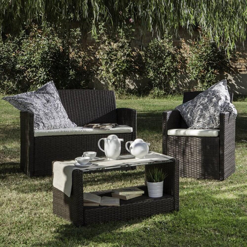 Set Salotto da Giardino Divano Tavolo e 2 Poltrone in Polyrattan Ecrù Bertozzi Lipari