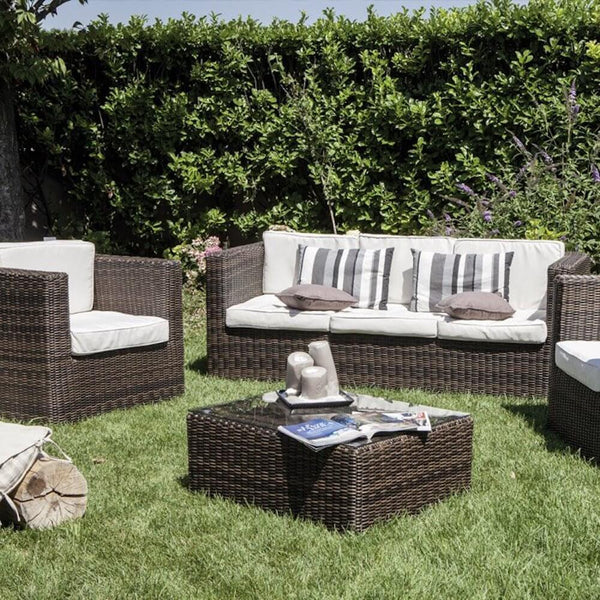 Set Salotto da Giardino Divano 3 Posti Tavolo e 2 Poltrone in Polyrattan Marrone Bertozzi Capri sconto