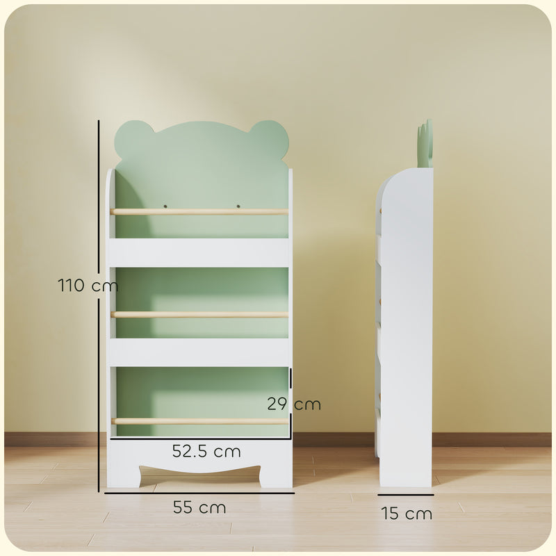 Libreria per Bambini 55x15x110 cm a Forma di Orsetto a 3 Ripiani con Barriere Frontali in MDF e Legno Verde  