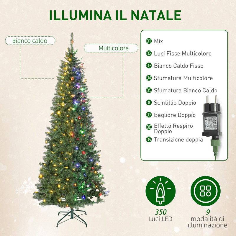Albero di Natale Slim 210 cm 1273 Rami con 350 Luci LED Bianche e Colorate 9 Modalità di Illuminazione Verde      