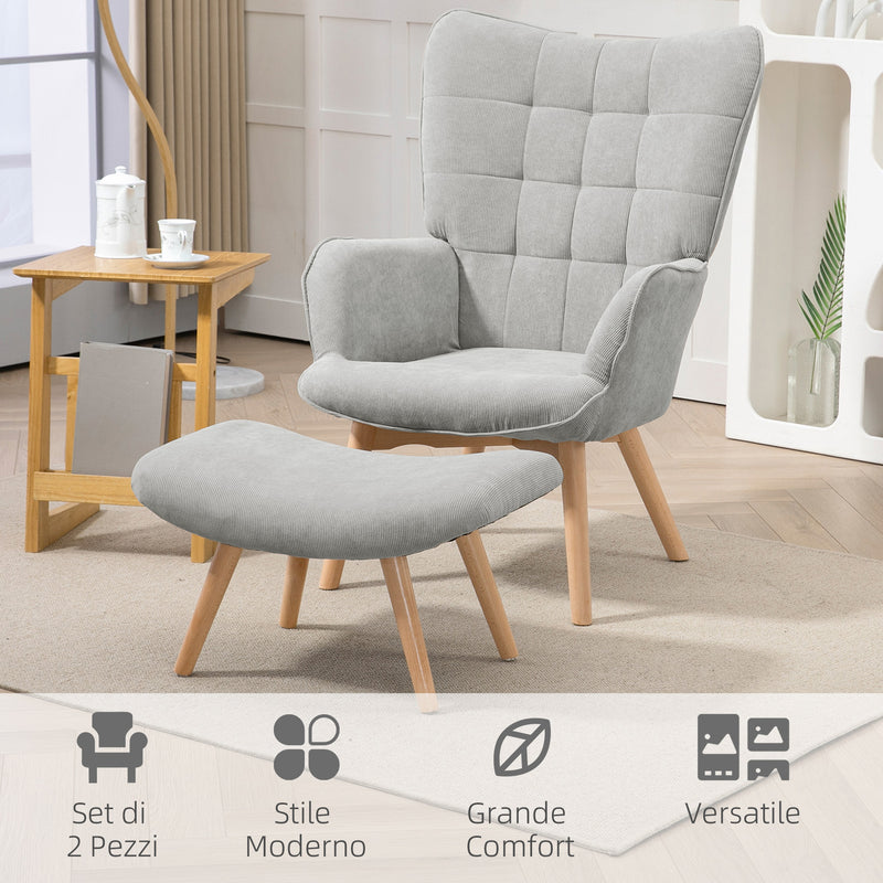 Poltrona da Salotto con Pouf Poggiapiedi 72x80x101 cm in Velluto a Costine Grigio  