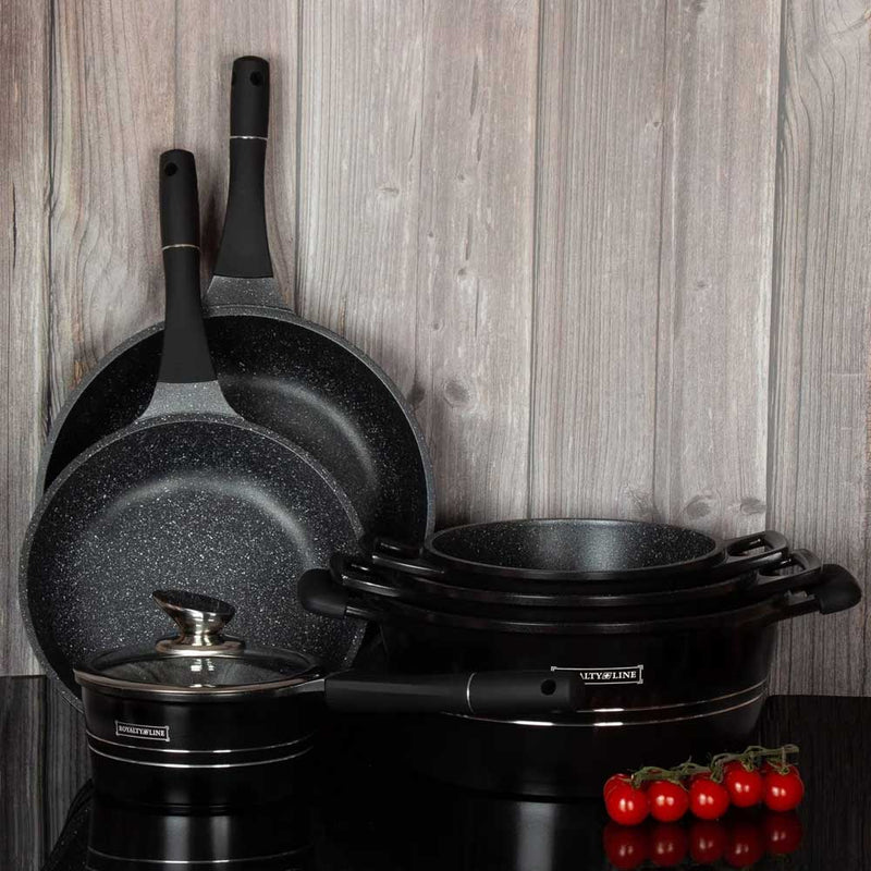 Batteria di Pentole 14 Pezzi in Pietra Lavica Antiaderente Induzione Nero