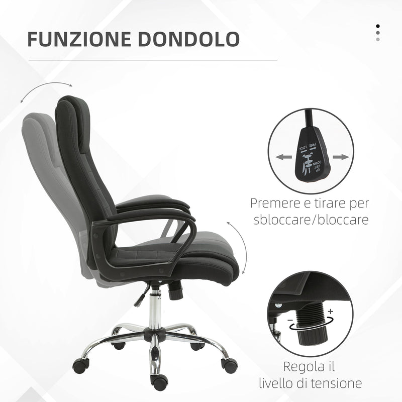 Sedia da Ufficio Ergonomica Basculante e Imbottita 62x76x110-119 cm in Poliestere Effetto Lino Nero  