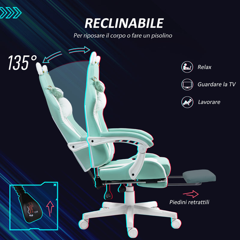 Sedia da Gaming Ergonomica con Orecchie da Gatto Poggiapiedi Retrattile e Schienale Reclinabile 135° Bianco e Azzurro     
