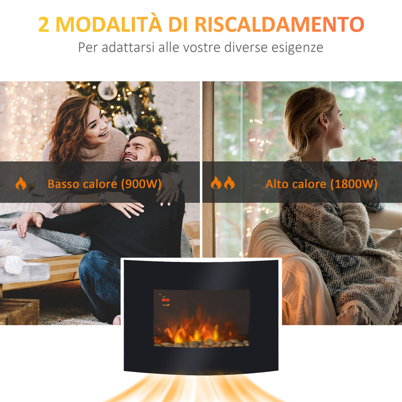 Camino Elettrico da Parete con 2 Livelli di Riscaldamento 900-1800W Fiamma 7 Colori e Telecomando Nero   