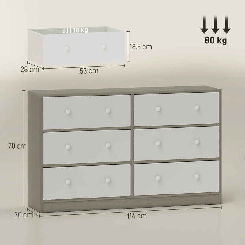 Cassettiera con 6 Cassetti in Tessuto 114x30x70 cm con Maniglie Doppie Struttura in MDF Bianco e Grigio  