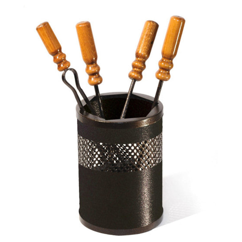 Set Camino 4 Pezzi in Ferro Battuto con Manici in Legno e Contenitore a Cestino