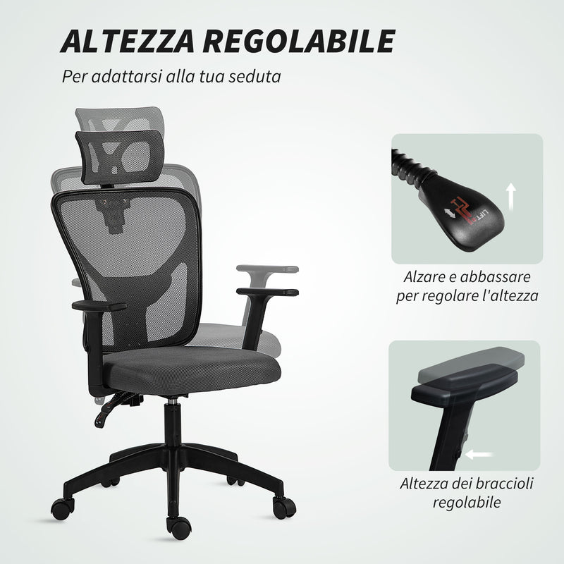Sedia da Ufficio Ergonomica e Regolabile 66x61x106-116 cm con Supporto Lombare e Poggiatesta in Tessuro a Rete Grigio      