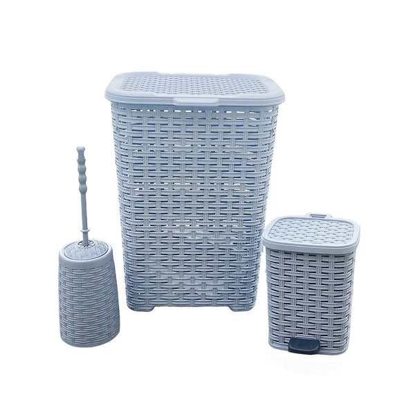sconto Set Accessori Bagno Cesto Biancheria Cestino Rifiuti Scopino in Rattan Grigio