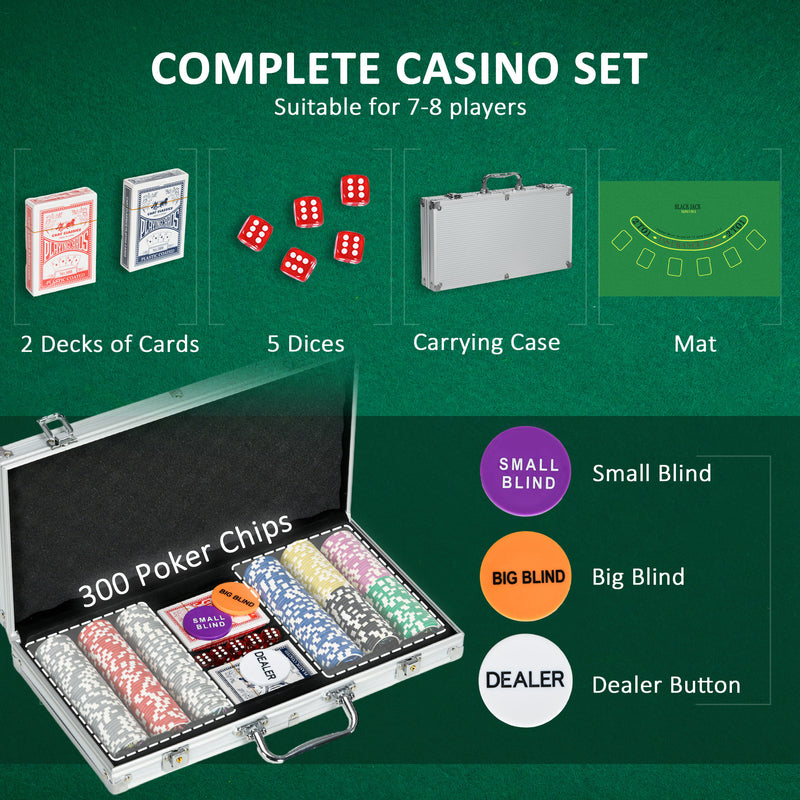 Set Poker per 7-8 Giocatori con 300 Fiches 2 Mazzi di Carte e 5 Dadi con Valigetta in Alluminio e Poliestere Argento