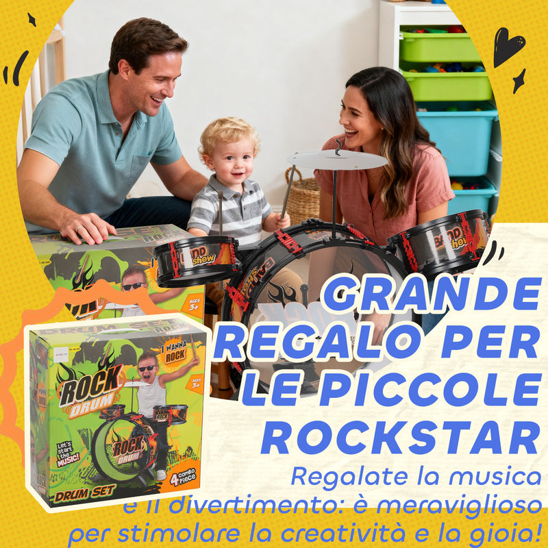 Batteria Giocattolo per Bambini con Sgabello Gioco Musicale in Plastica e Acciaio Inox Nero      