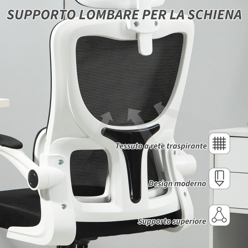 Sedia Ergonomica da Ufficio Girevole 60x59x114-122 cm con Poggiatesta Rimovibile in Tessuto a Rete Nero  