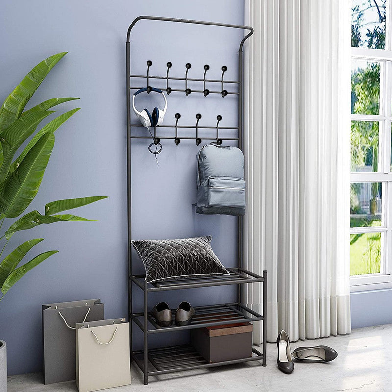 Stand Appendiabiti con scarpiera 65x29xH190 cm per corridoio 3 ripiani Nero