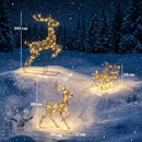 Decorazione Natalizia da Esterno 3 Pezzi Renne e Slitta 78x22x105 cm con 240 LED 8 Illuminazioni Timer e IP44 in Metallo e Rattan PP      