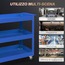 Carrello Porta Attrezzi a 3 Livelli 83x35,3x76 cm con Bordi Alti e 4 Ruote Girevoli in Acciaio Blu      