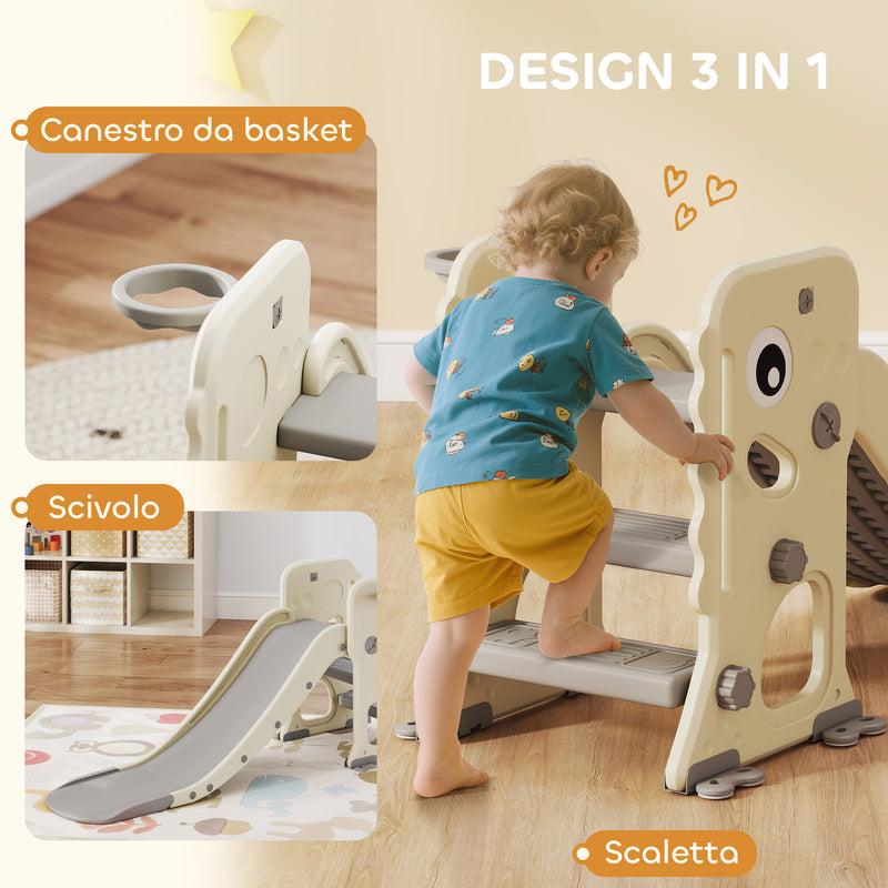 Scivolo per Bambini Pieghevole 146x52x65 cm con Canestro e Palla in PP e HDPE Grigio e Crema  