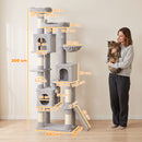 Albero Tiragraffi 60x40x200 cm con Pali in Sisal 2 Cucce 3 Casette e Amaca in Truciolare e Peluche Grigio Chiaro      