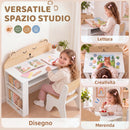 Set Tavolo per Bambini 3-8 Anni 80x41,2x74,5 cm con Sedia e Librerie Laterali Tema Orsetto in Truciolato e MDF Bianco      