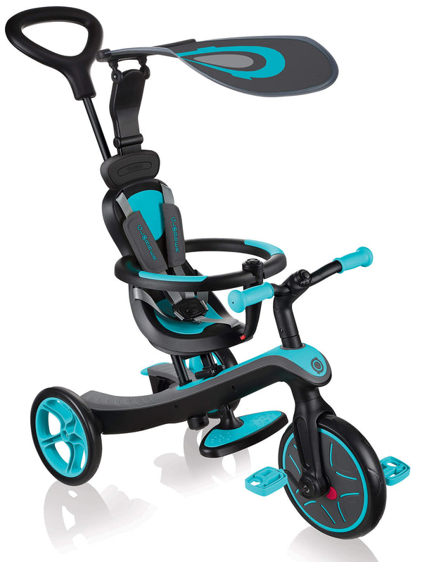 Passeggino Triciclo per Bambini con Maniglione e Tettuccio Globber Explorer Trike 4 in 1 Turchese online