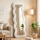 Specchio da Terra 160x60 cm con Cornice Ondulata in Velluto e Vetro Temperato Crema      