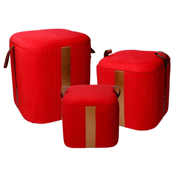 online Set 3 Pouf Contenitore in Tessuto Velluto Rosso