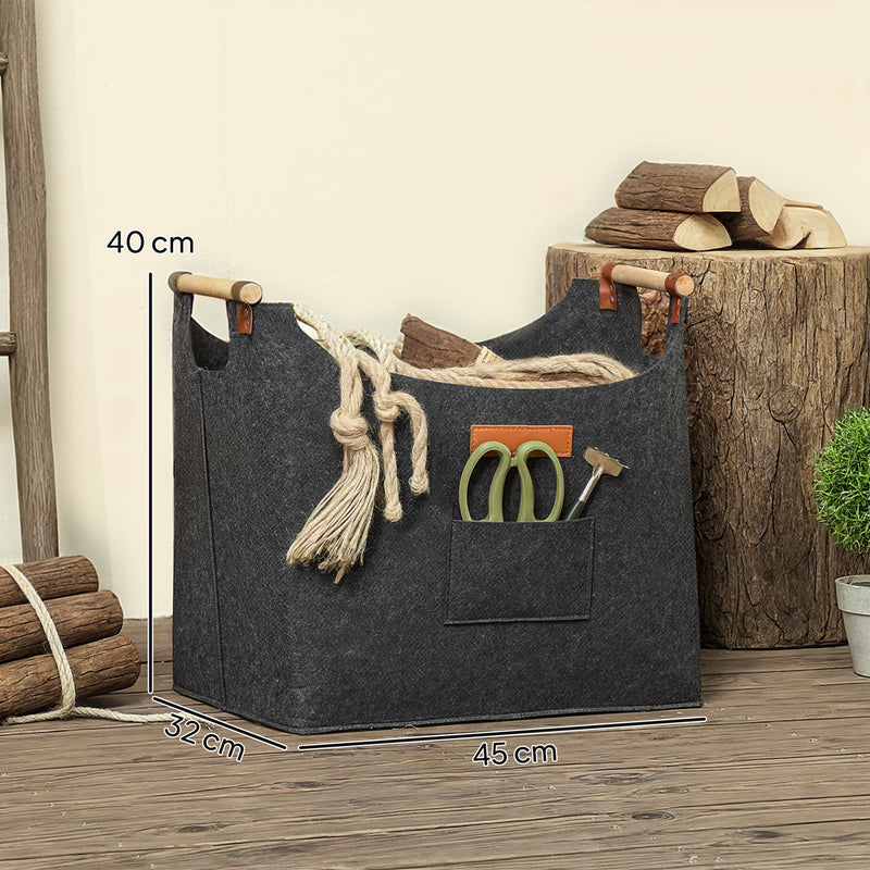 Borsa Portalegna da Interno con Manici in Legno 45x32x40 cm in Feltro Grigio Scuro       