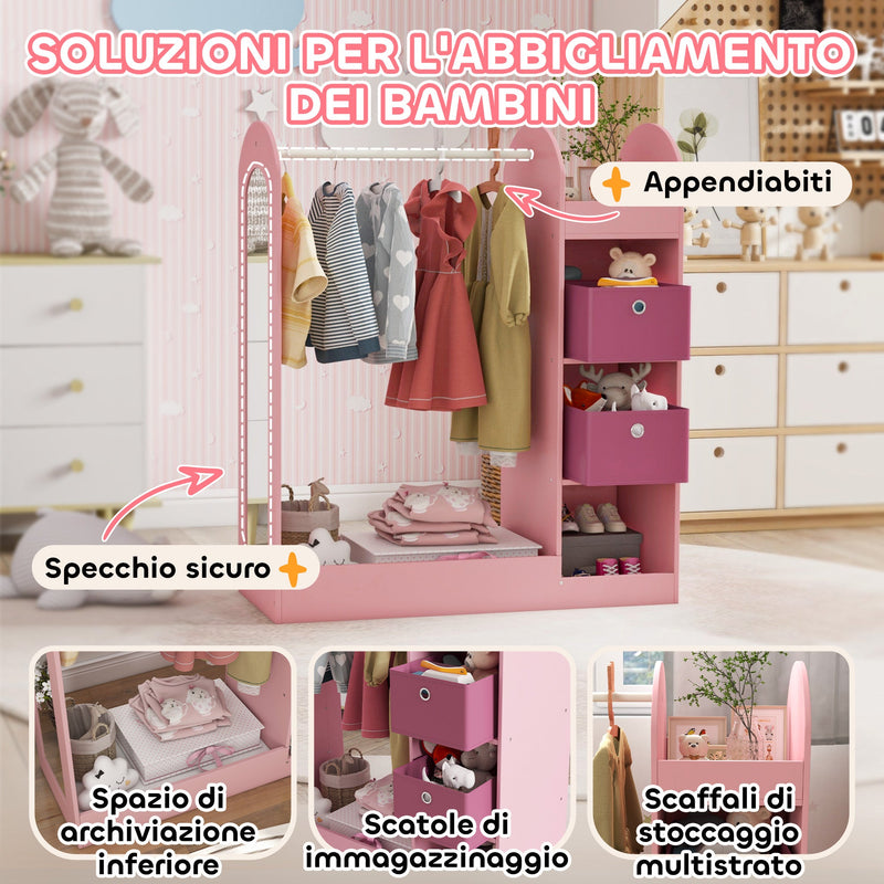 COSTWAY Guardaroba per Bambini in Legno, Mobile per Bambini con Specchio, Appendiabiti e Mensole, Armadio di Stoccaggio per Cameratta dei Bambini, 93,5 x 38 x 100 cm (Bianco