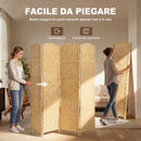 Paravento da Interno a 4 Pannelli Pieghevole 180x1,7x180 cm Intrecciato in PP e Legno di Pino Naturale      