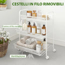 Carrello da Cucina a 3 Livelli 41,5x26,5x63 cm con Cesti Removibili e 4 Ruote in Acciaio e Plastica PP Bianco      