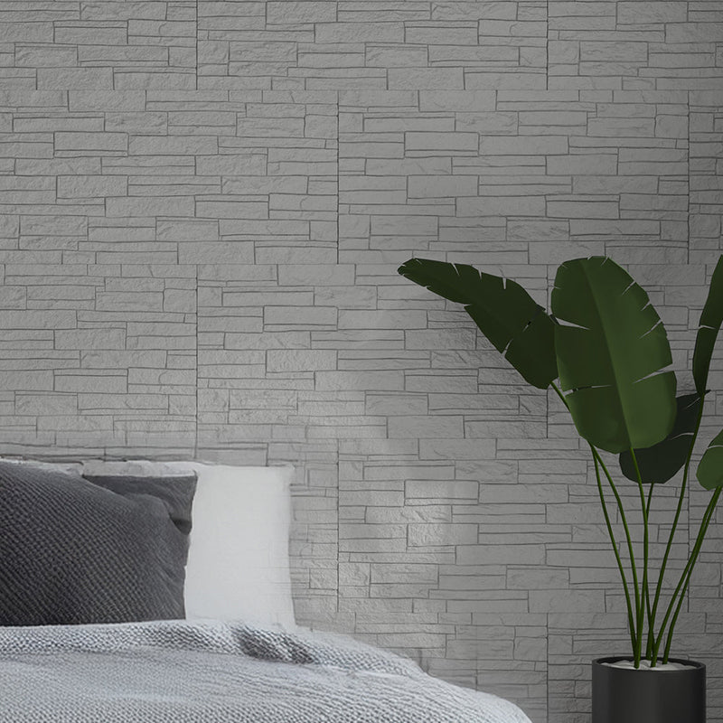 Set 12 Pannelli Decorativi Area 8,6 mq 120x60x2,5 cm Rivestimento Murale Effetto Mattoni in Pietra 3D in PU Quarzite Bianco