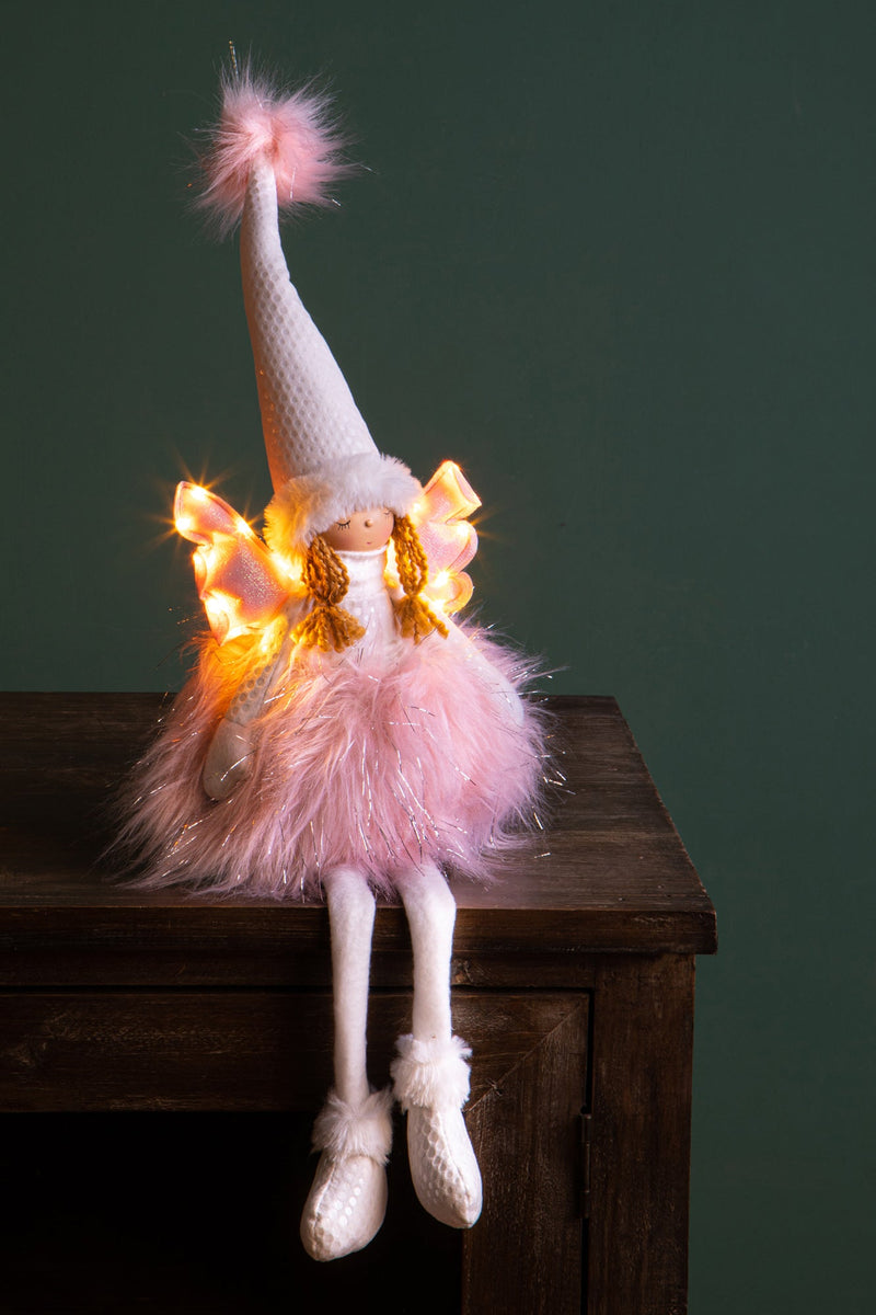 Angelo Seduto con Led H60 cm in Tessuto Rosa