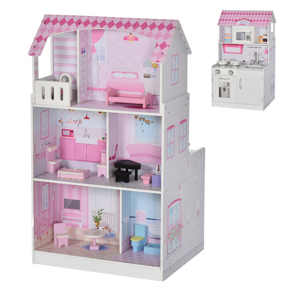Casa delle Bambole Cucina Giocattolo 2 in 1 60x48x106 cm in Pino e MDF Rosa acquista
