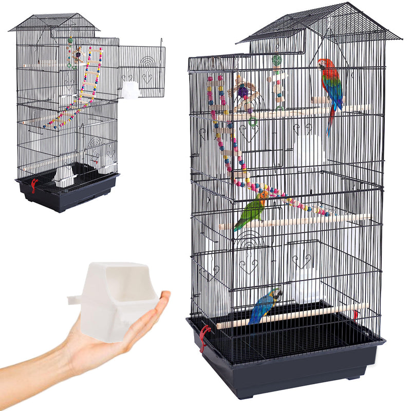 Gabbia Voliera Nera per Uccelli Volatili Pappagalli con 2 Aperture e Giocattoli