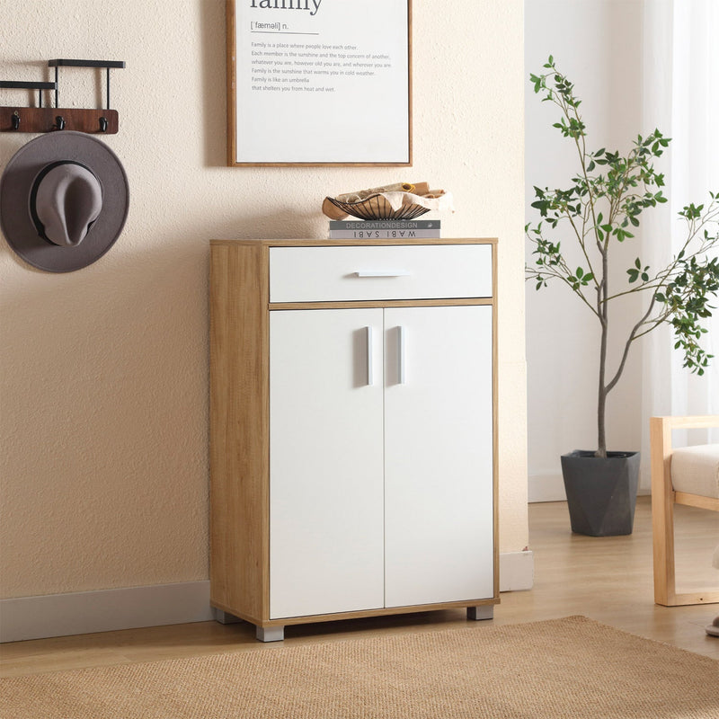 Scarpiera Mobile Salvaspazio 2 Ante 1 Cassetto 63x33x95h cm in Melaminico Venato a Rilievo Rovere e Bianco