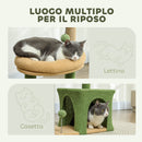 Albero Tiragraffi per Gatti con Casetta Lettino e Palline  44x30x98 cm Verde e Marrone  