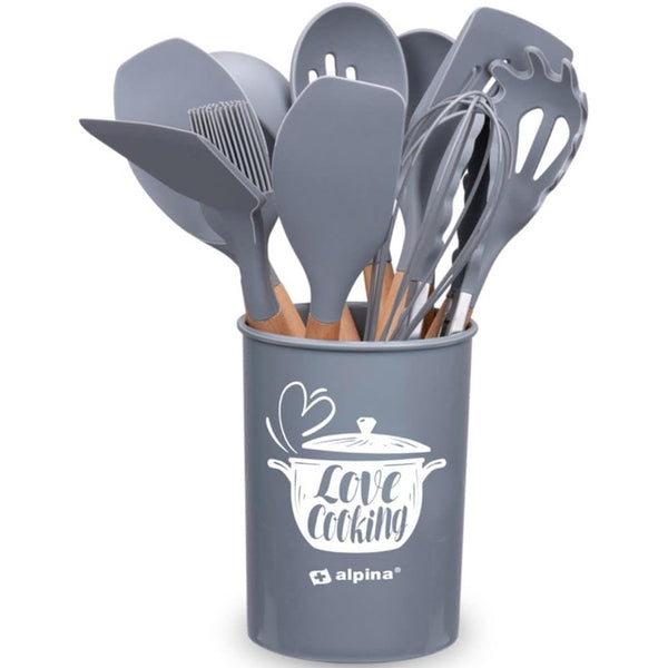 Set 12 Utensili da Cucina con Supporto in Silicone e Manico Legno Grigio prezzo