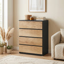 Cassettiera 4 Cassetti 60x40x80 cm con Guide in Metallo e Maniglie Scanalate in Legno Nero e Rovere      