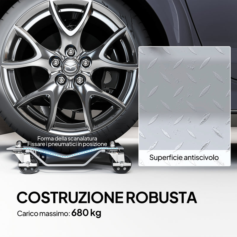 Set di 2 Carrelli Sposta Auto Antiscivolo Carico 680kg con Ruote Girevoli e Bloccabili in Metallo Argento      