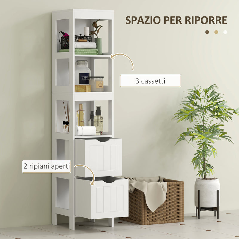 Mobile Bagno 30x30x141,2 cm con 3 Ripiani Aperti e 2 Cassetti in Legno Bianco  