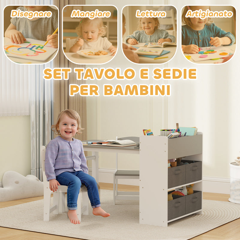 Set Tavolo e 2 Sedie per Bambini con Vani Contenitore 102,5x58x64 cm in Legno e Tessuto non Tessuto Grigio e Bianco  