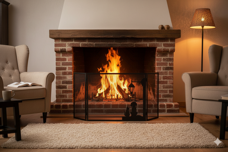 Parascintille per Camino 3 Ante 20+60+20 H50  in Ferro Verniciato Grigio Martellato