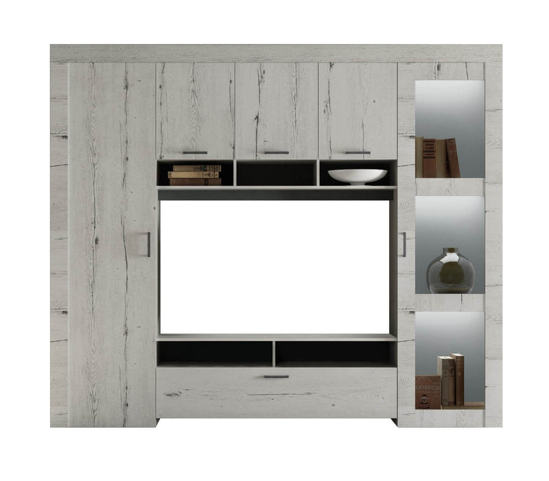 Parete Attrezzata Mobili Soggiorno Mobile TV Vetrina in Melaminico 258x42x210cm TFT Neve Rovere Neve